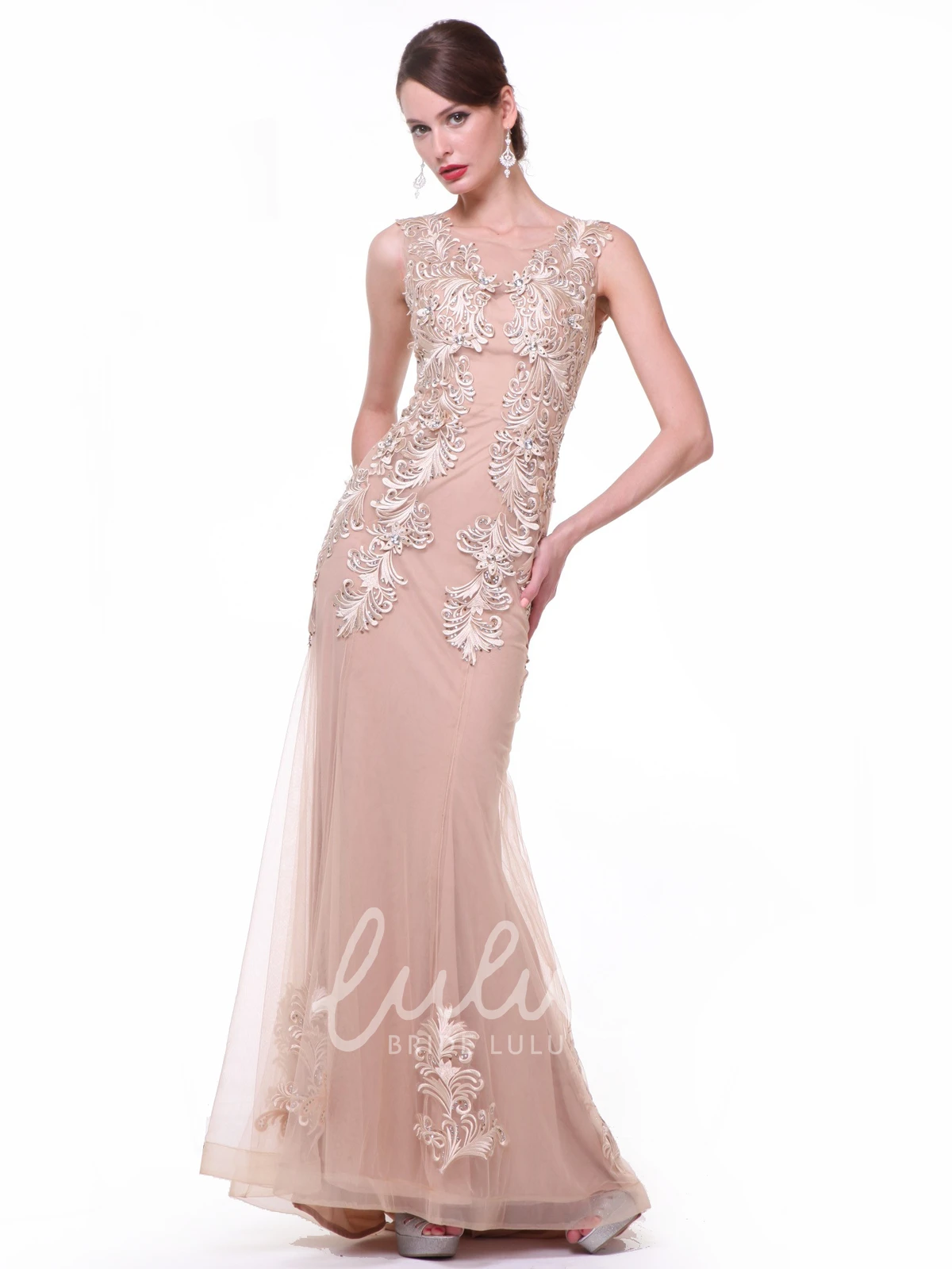 Sleeveless Tulle Sheath Formal Dress with Embroidery and Pleats