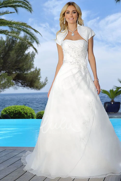 Strapless Satin Wedding Dress with Flower and Cape Floor-Length Bridal Gown