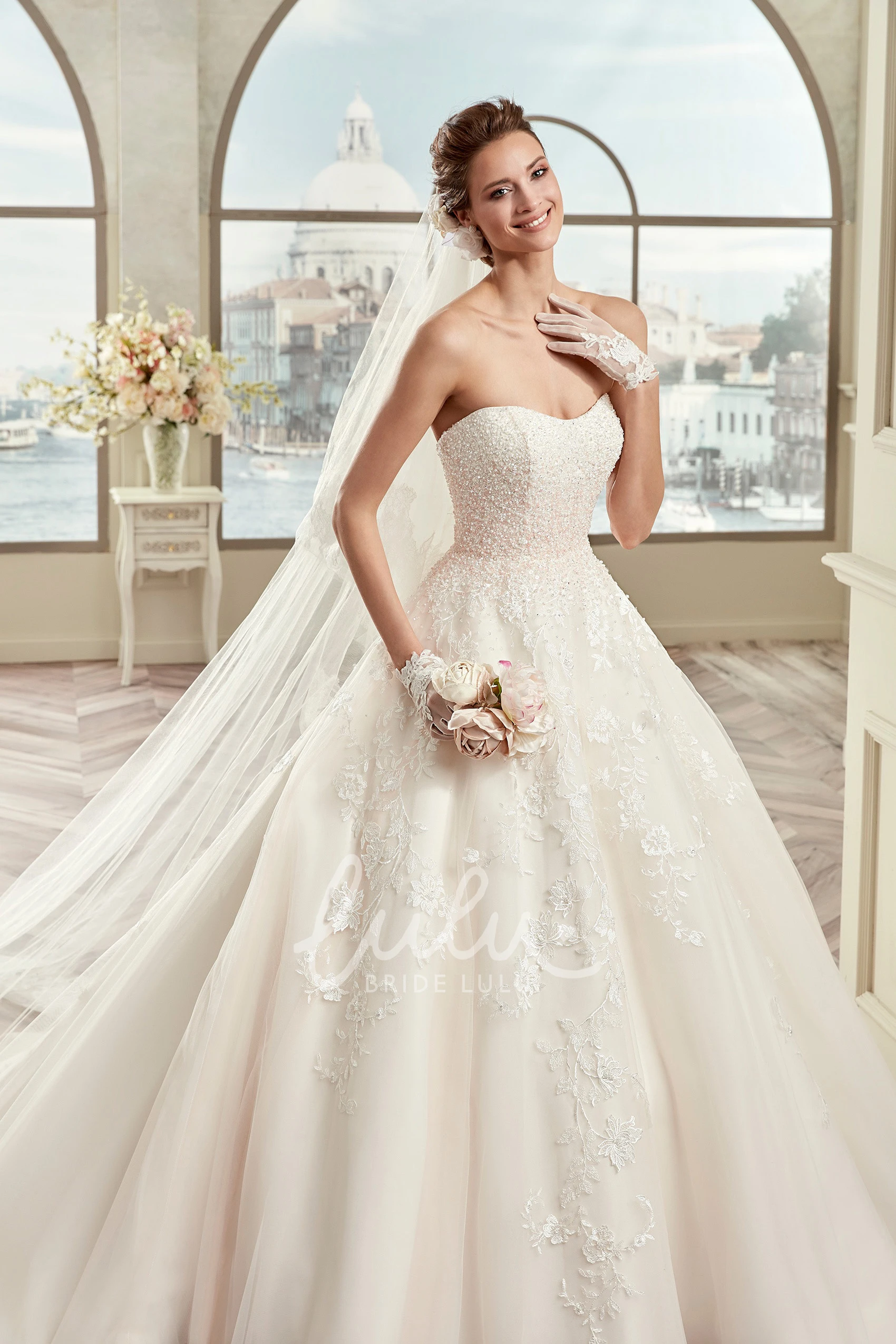 Beaded A-Line Wedding Dress with Sweetheart Neckline and Floral Appliques