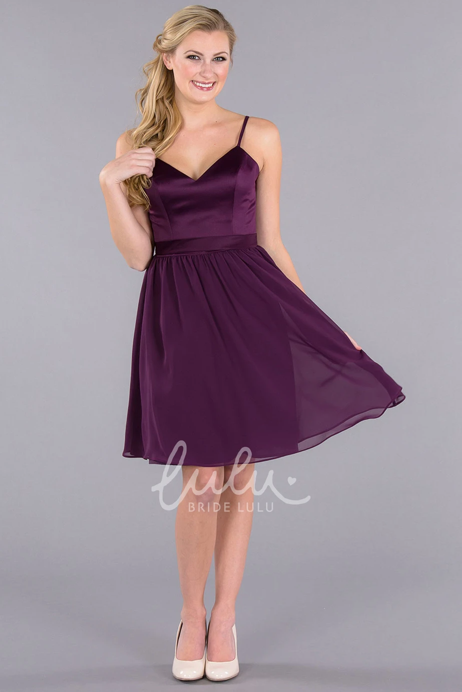 Ribboned Spaghetti Sleeveless Chiffon Bridesmaid Dress with Pleats Flowy Bridesmaid Dress