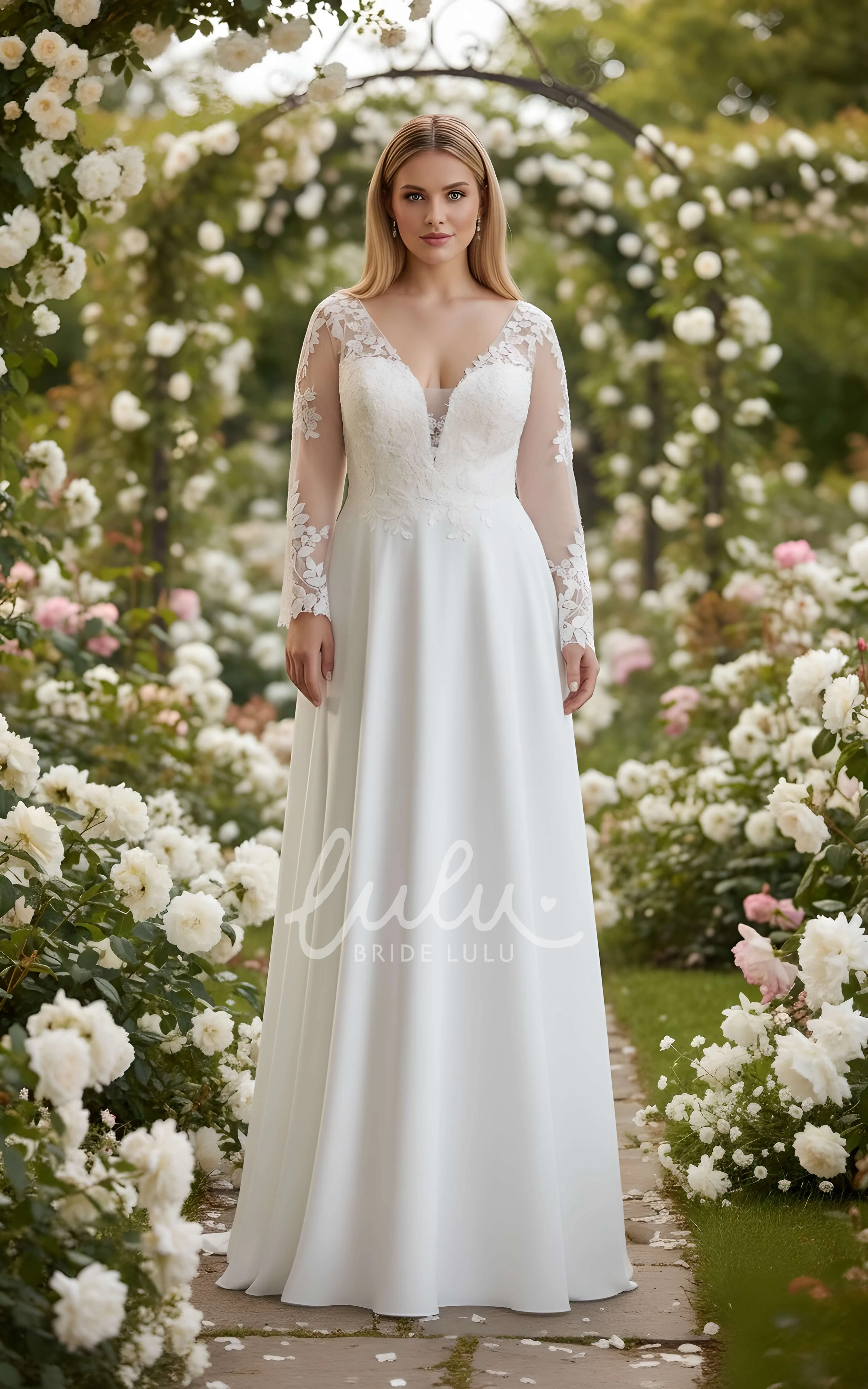 Floral A-Line Lace Long Sleeve Wedding Dress Romantic Illusion Deep V Neck Bridal Gown with Train