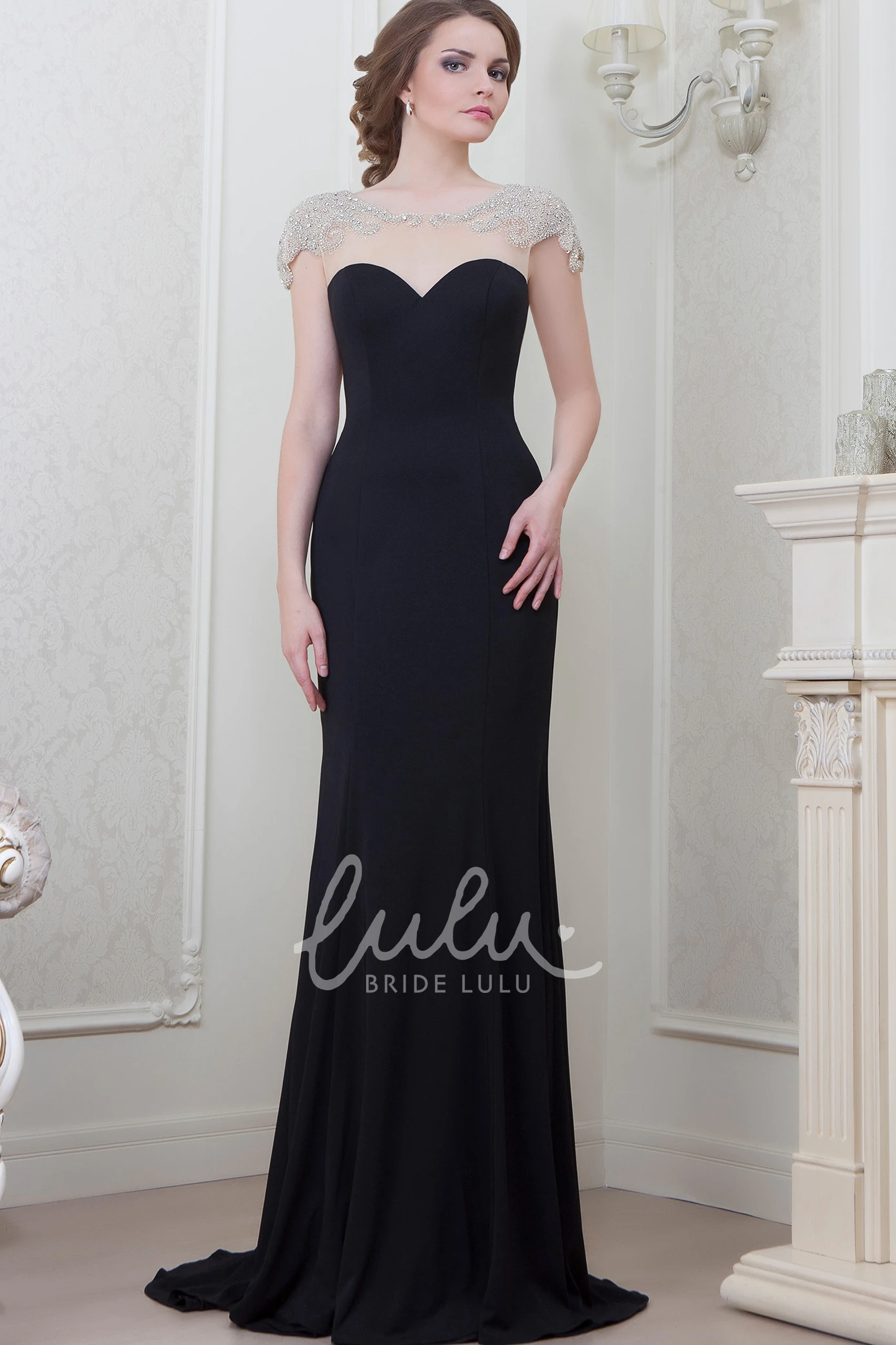 Cap Sleeve Chiffon Evening Dress with Bow + Floor-Length + Women