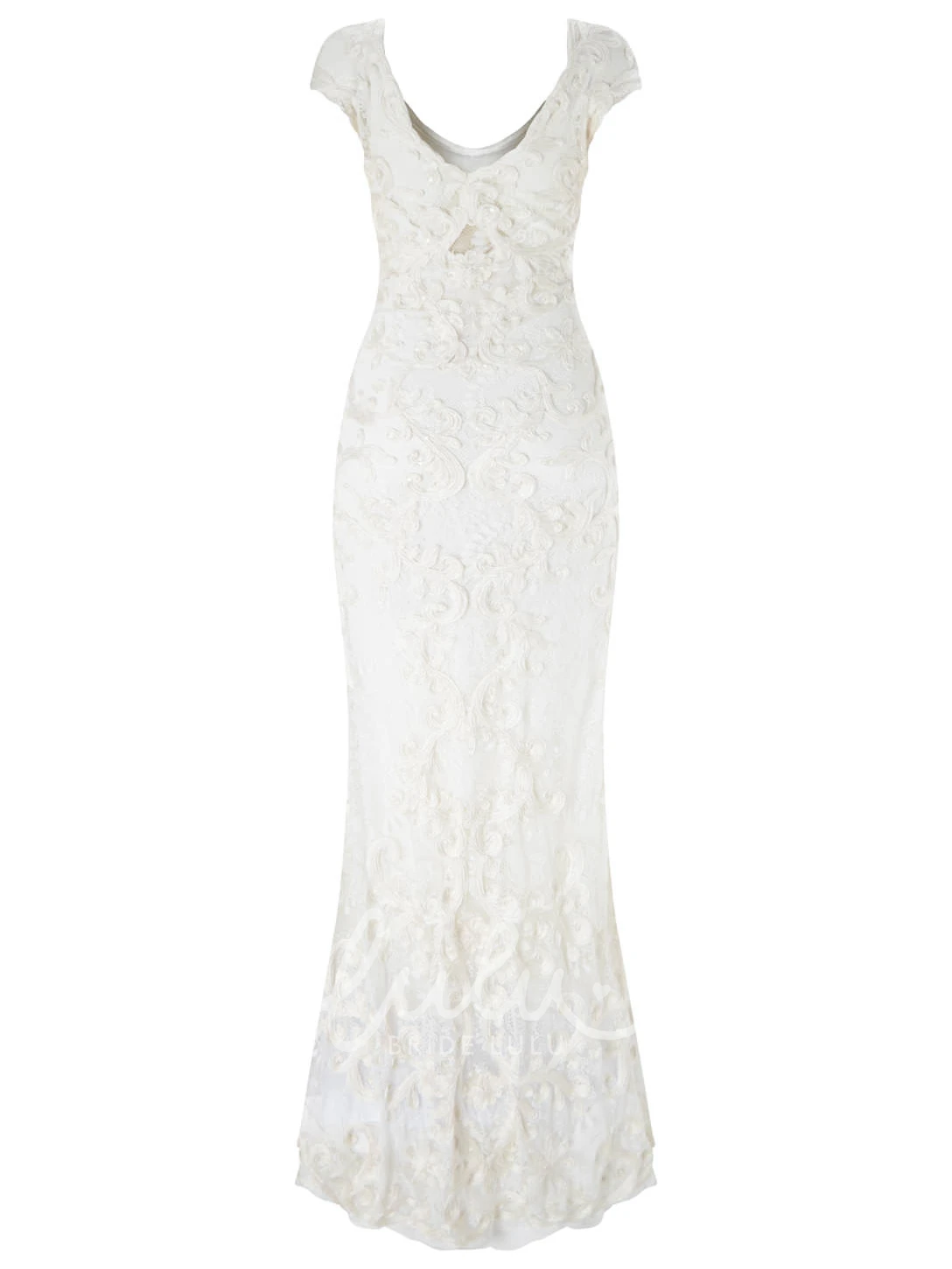 Embroidered Lace Wedding Dress Sheath Cap-Sleeve V-Neck