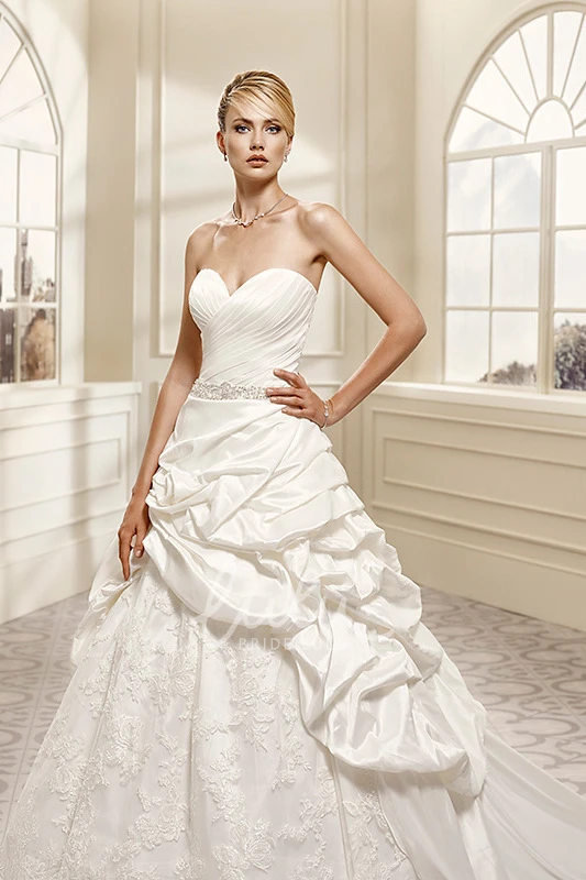 Jeweled Lace&Taffeta Sheath Wedding Dress with Sweetheart Neckline and Pick-Up Skirt