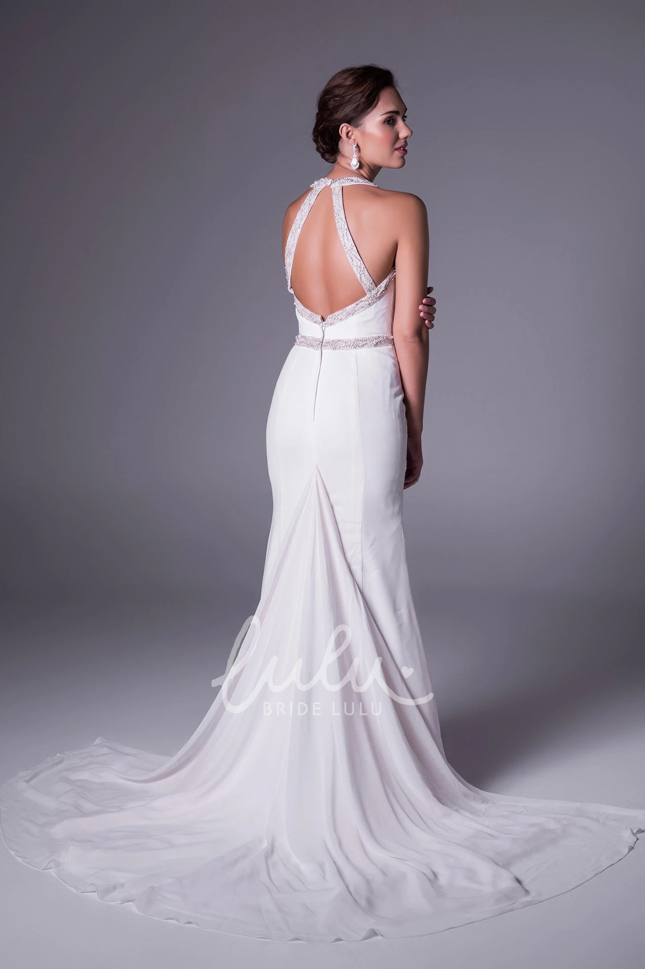 Ruched Haltered Sleeveless Chiffon Wedding Dress with Waist Jewelry Sheath Wedding Dress