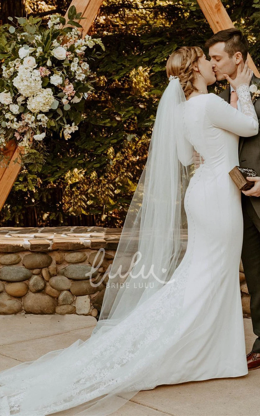 Sheath V-neck Court Train Satin Wedding Dress with Appliques Romantic Satin Court Train Wedding Dress with V-neck