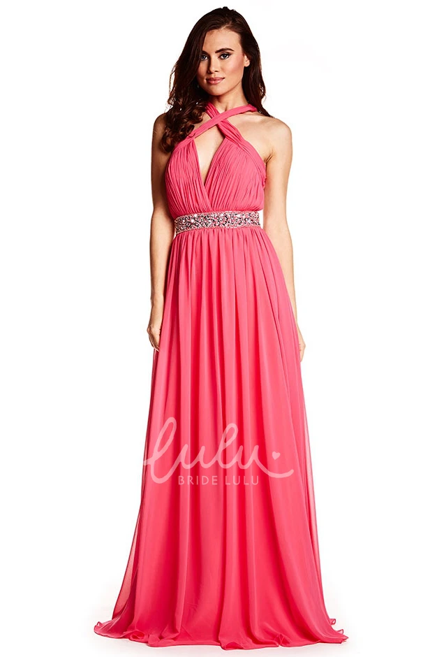 Ruched Halter Chiffon Prom Dress Flowy Prom Dress