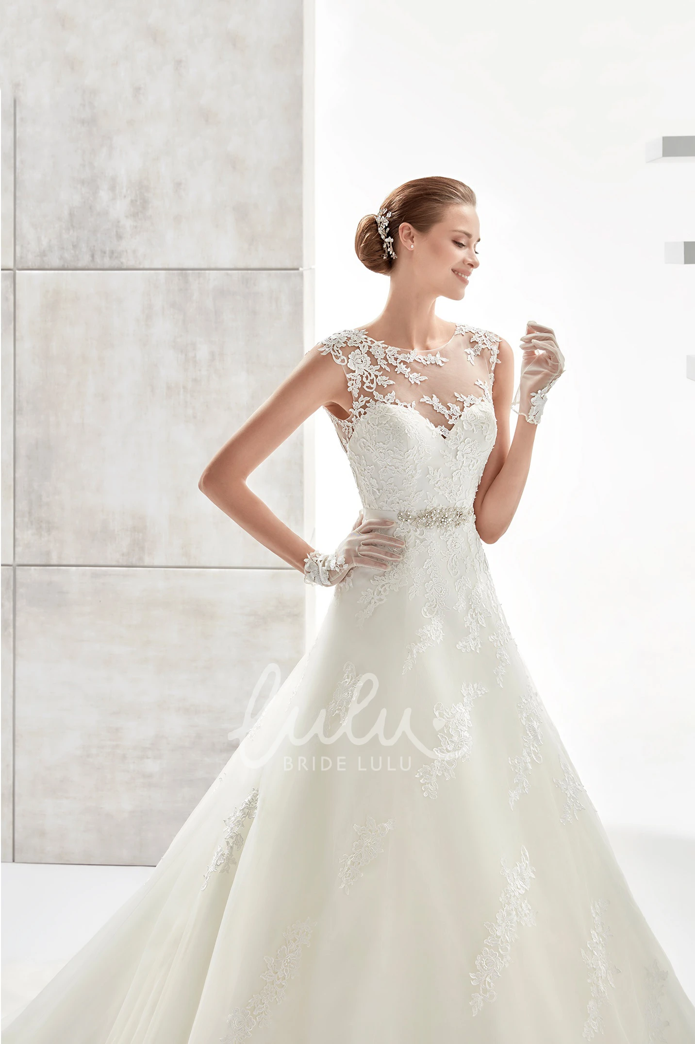 Beaded Belt Illusive A-Line Wedding Dress Jewel-Neck Style