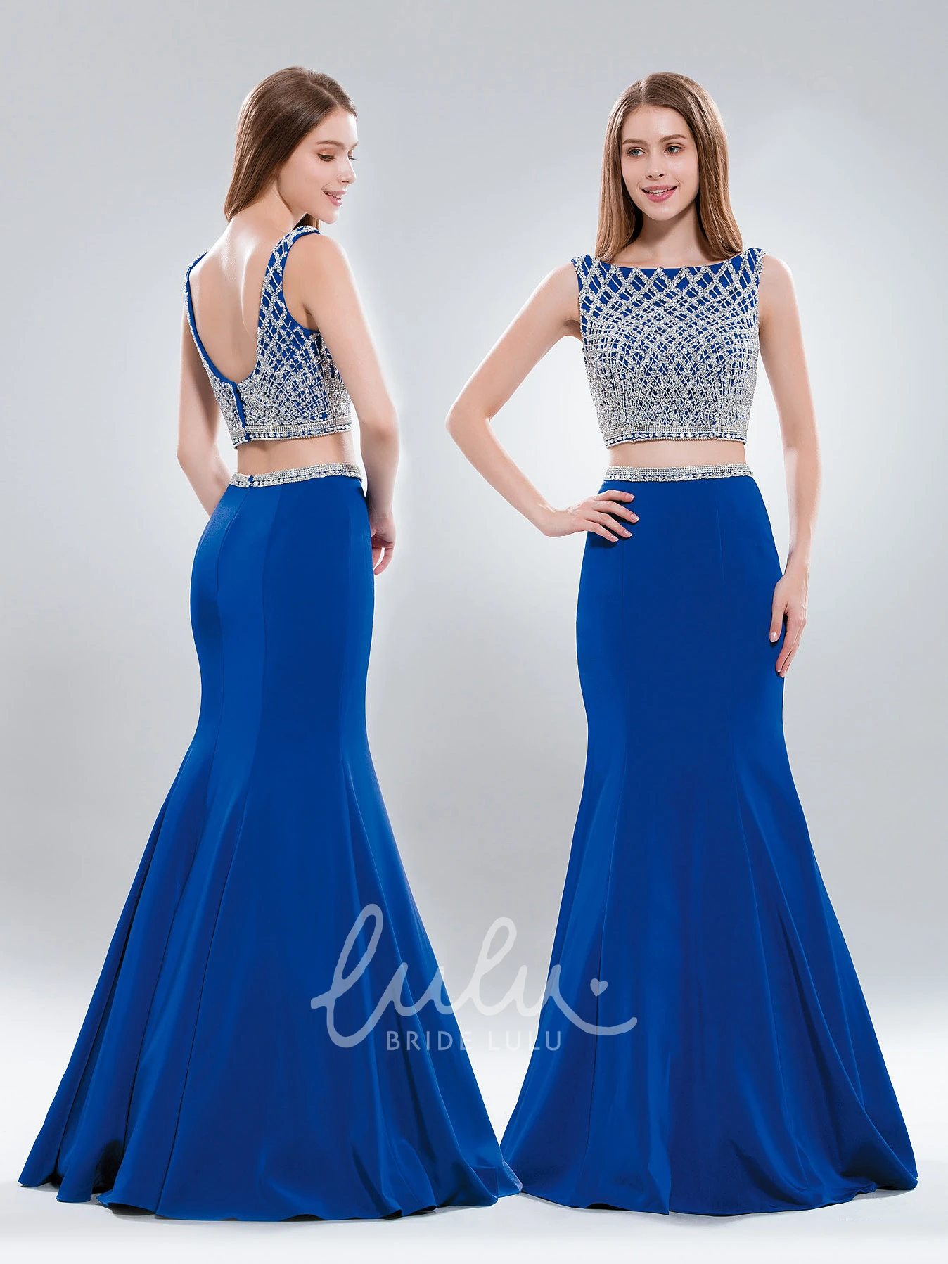 Two-Piece Sleeveless Chiffon Low-V Back Dress with Beading Trumpet Style