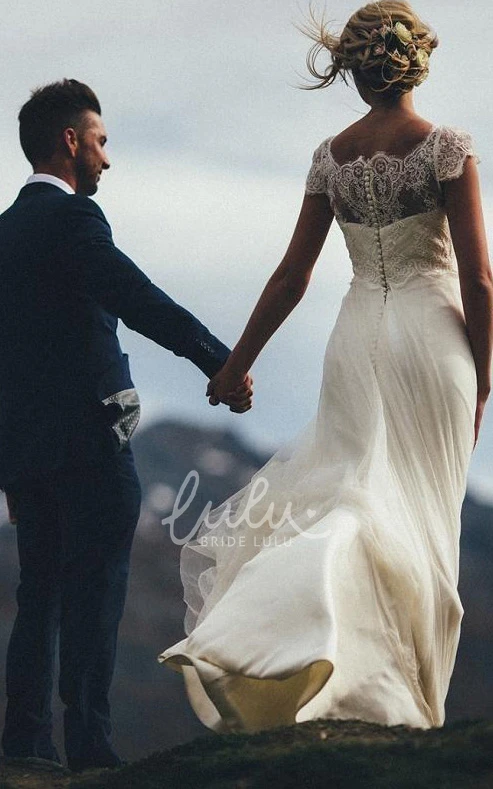 Satin Tulle A-Line Wedding Dress with Lace Short Sleeve Ethereal Button Illusion