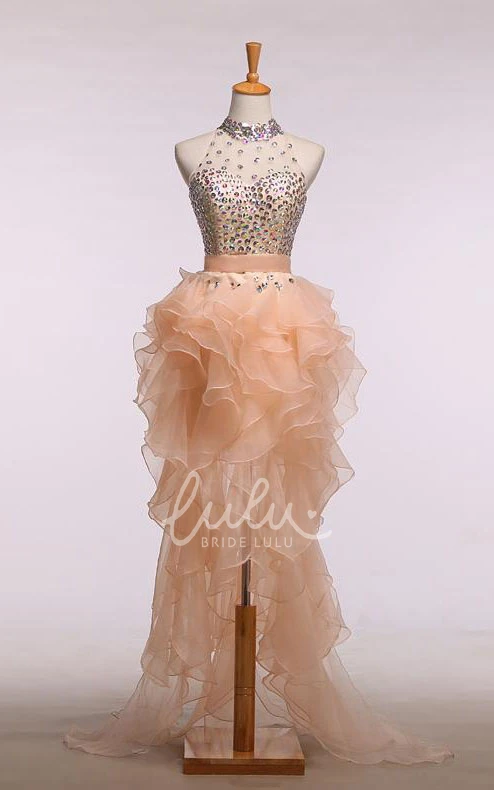 Beaded High-Low A-line Formal Dress with Ruffles and High Neck