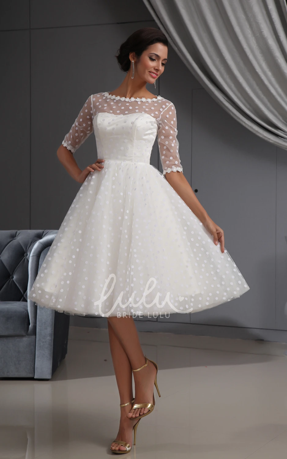 Knee-Length A-Line Wedding Dress with Half-Sleeves Dot and Lace Details