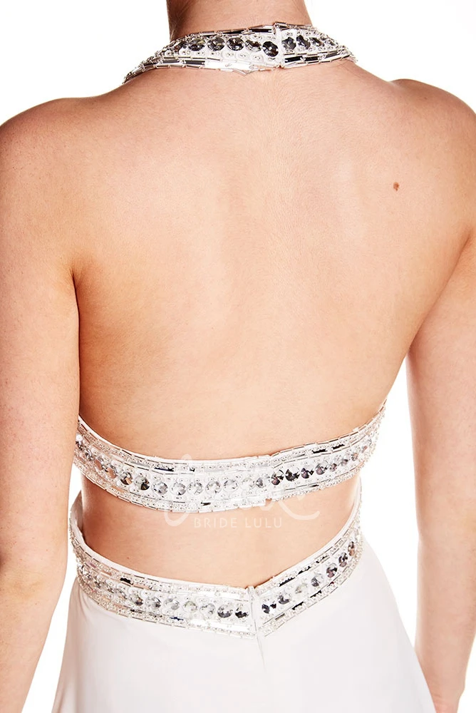 Beaded Halter Chiffon Prom Dress with Train Sleeveless Flowy Boho Women