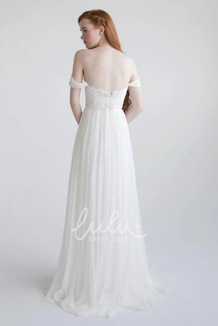 Backless Off-The-Shoulder Chiffon Sheath Wedding Dress with Beading Unique Bridal Gown