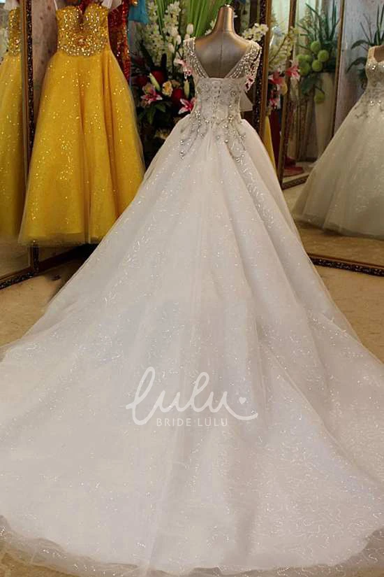 V-Neck Beaded Ball Gown Short Sleeves