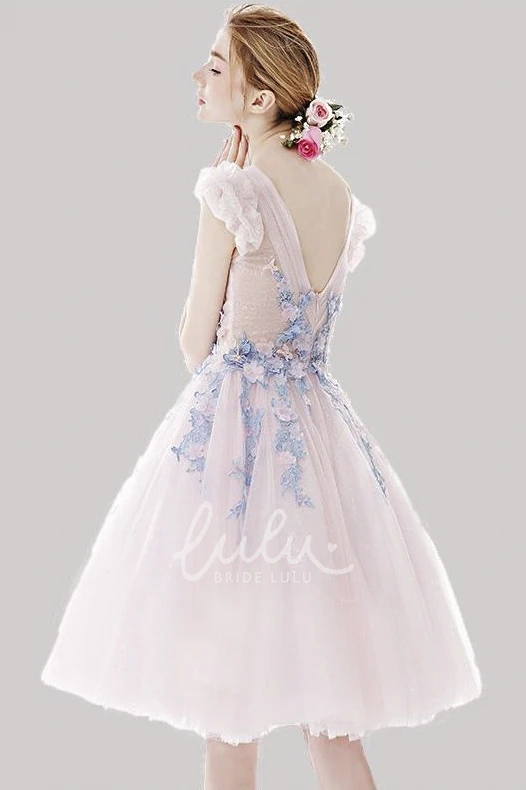 Cute Knee Length Tulle Dress with Cap Sleeves and Floral Appliques Prom Dress