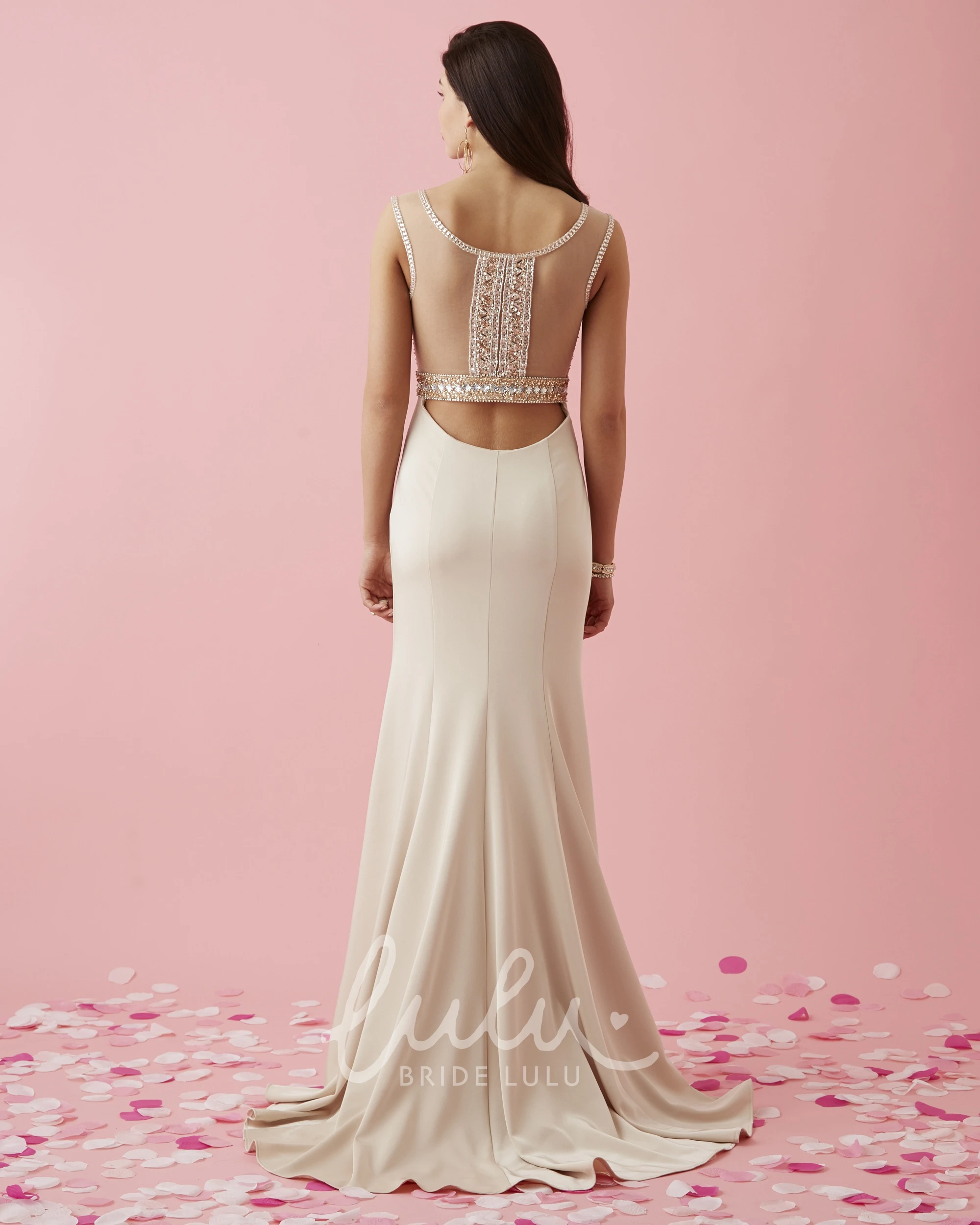 Illusion Sheath Jersey Prom Dress with Scoop-Neck and Beading