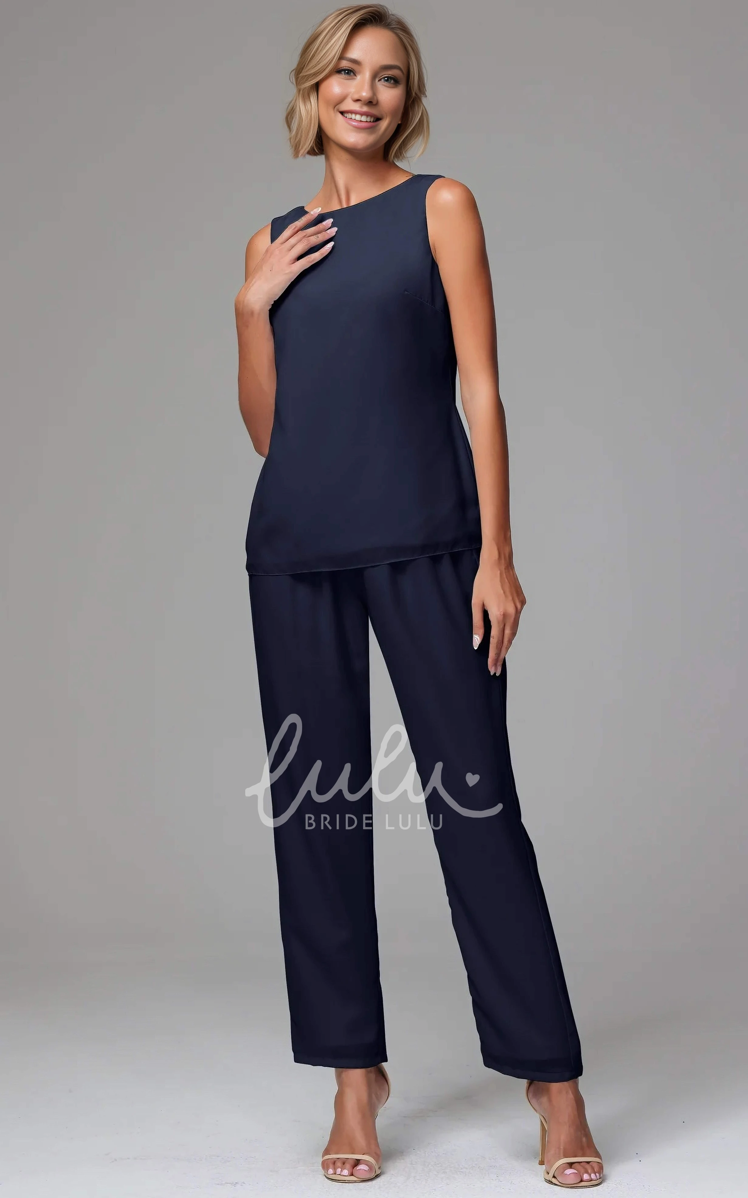 Elagant Dark Navy Blue 3 Pieces Sleeved Chiffon Bateau Neckline Mother of the Bride Pant Suit