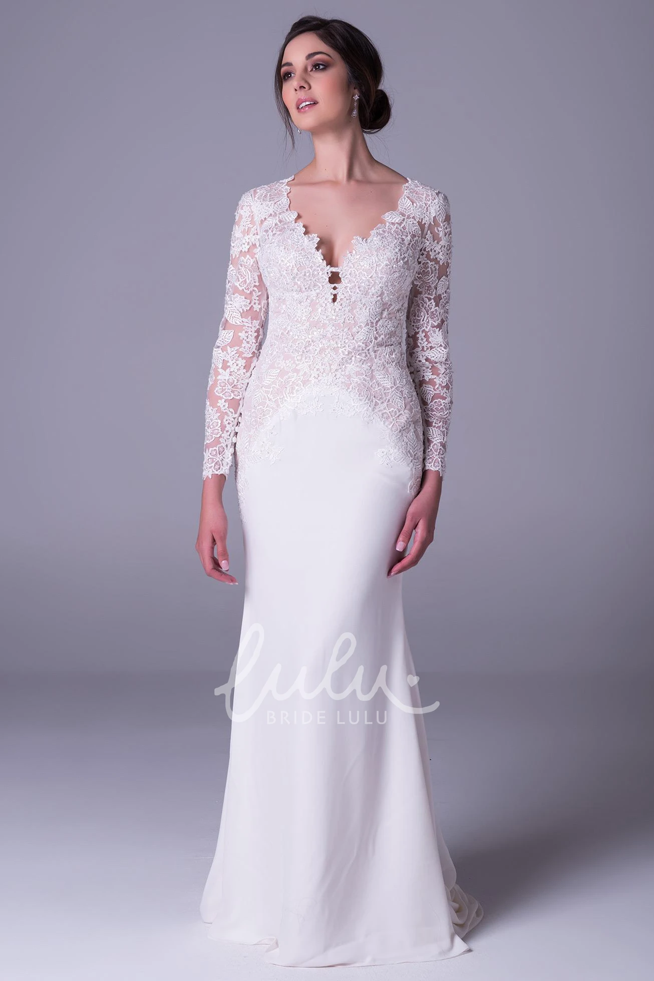 Lace&Chiffon Sheath Keyhole Wedding Dress with Long Sleeves