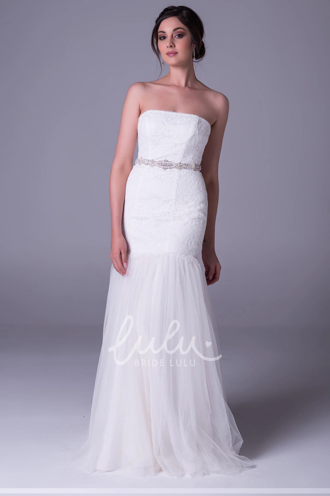 Strapless Jeweled Lace&Tulle Sheath Wedding Dress