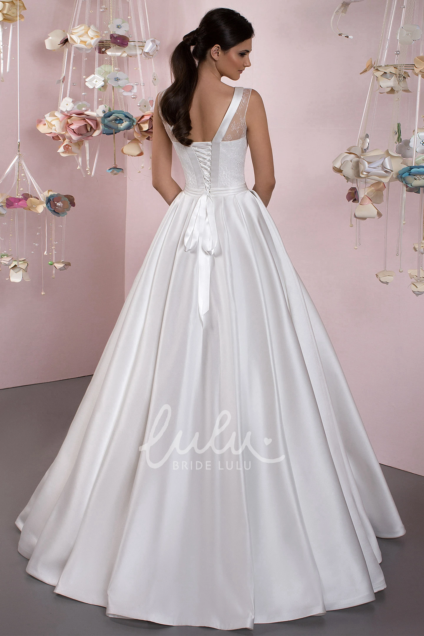 Satin A-Line Wedding Dress with Lace-Up Back and Bow Detail