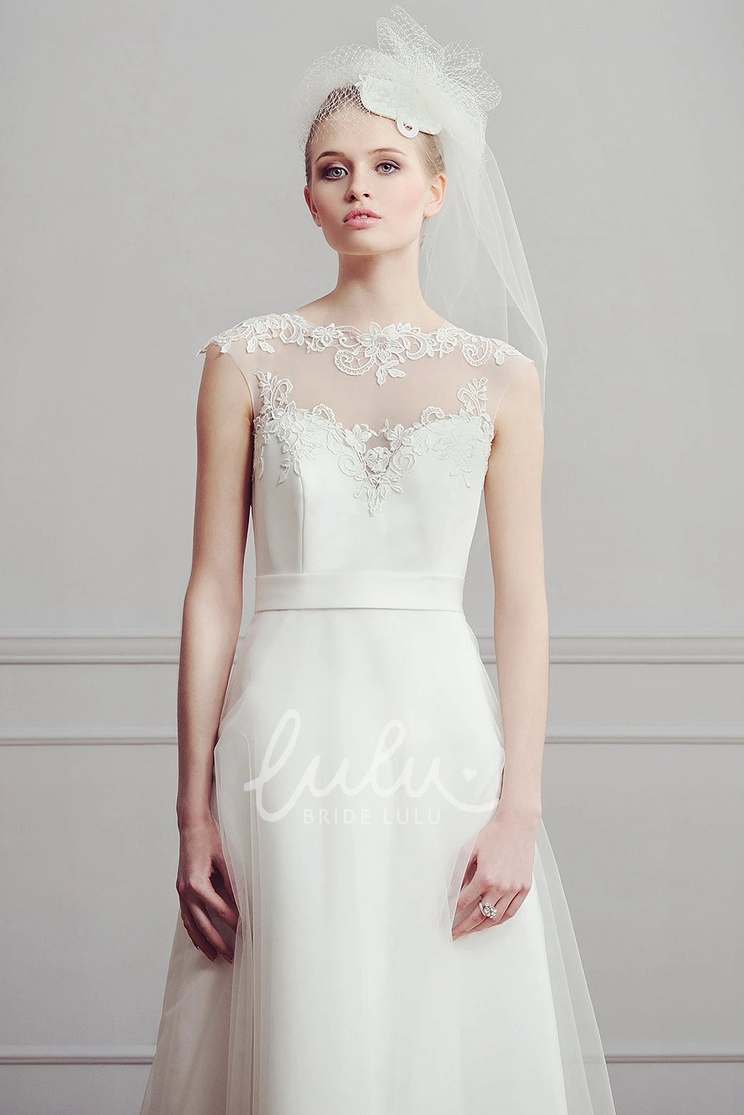 Cap-Sleeve Appliqued Satin Wedding Dress A-Line Jewel-Neck