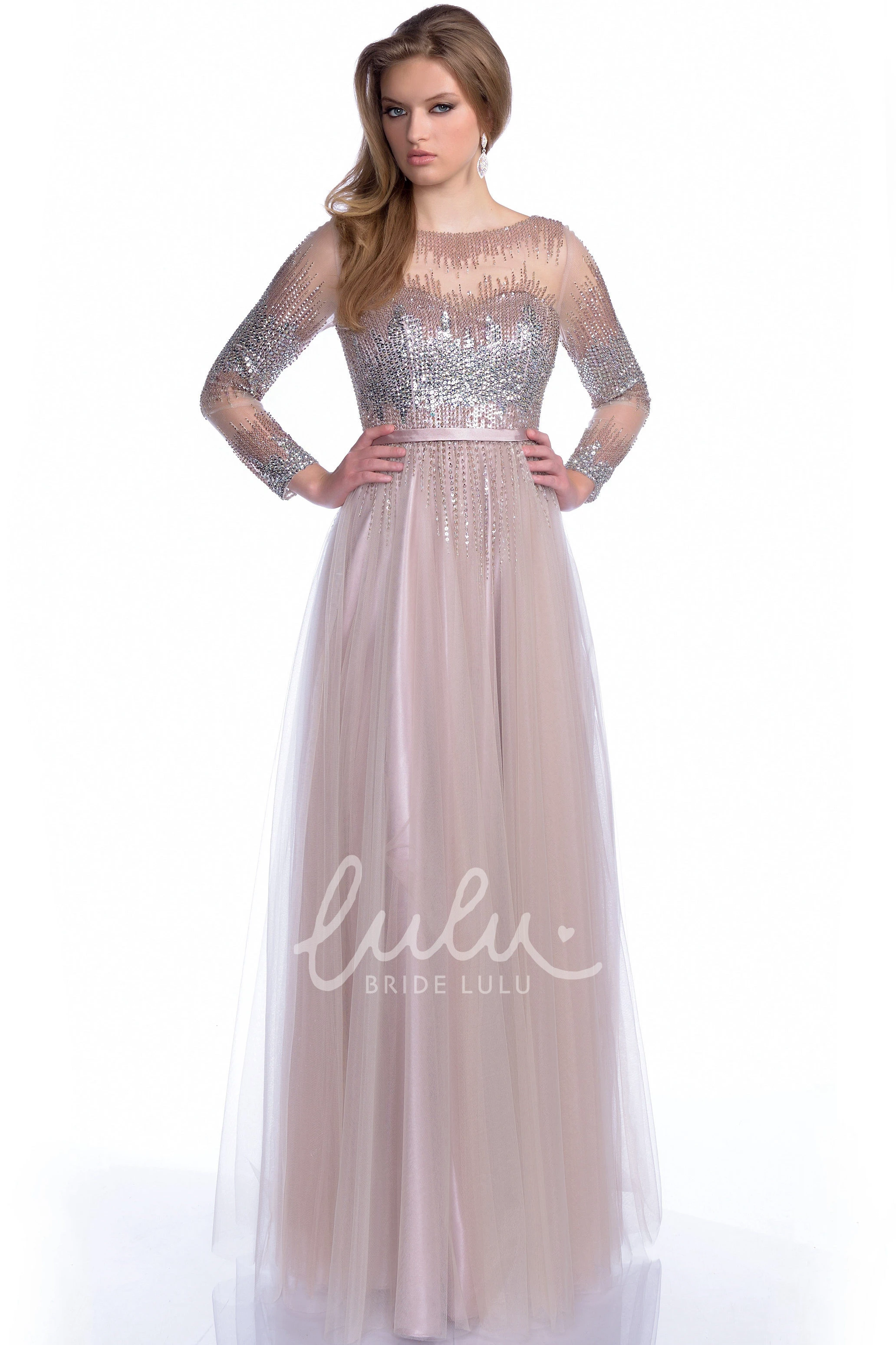 Bateau Neck A-Line Tulle Prom Dress with Sequined Bodice Long Sleeve