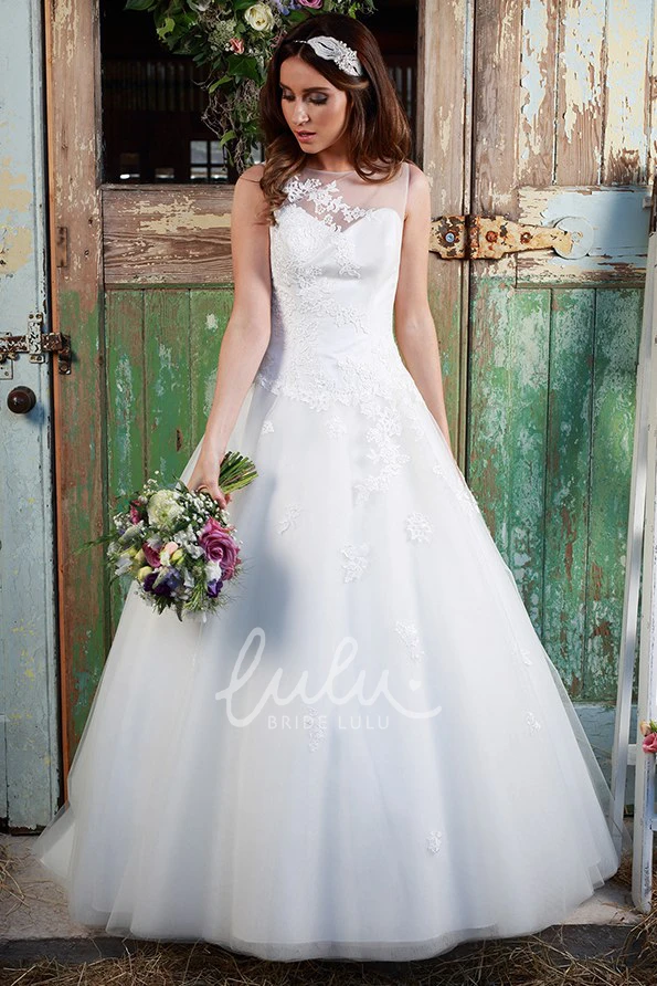 Floor-Length Tulle Ball Gown Wedding Dress Sleeveless Scoop Neckline with Appliques