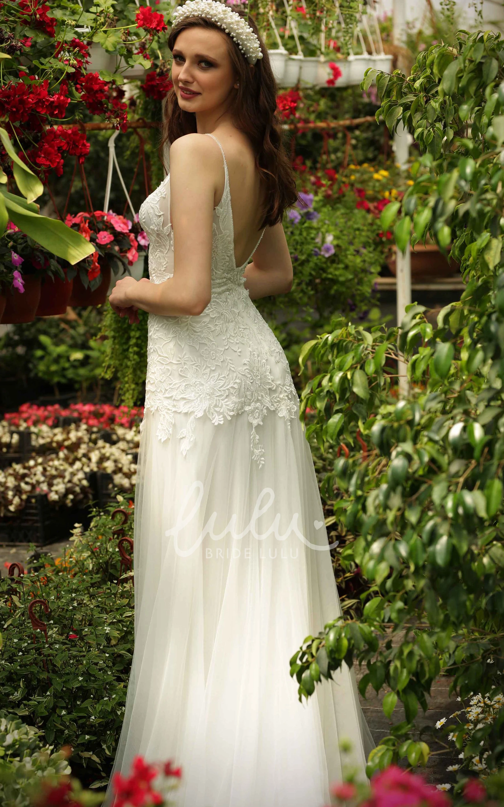Bohemian Lace Spaghetti A-Line Brush Train Wedding Dress with Appliques Flowy & Unique
