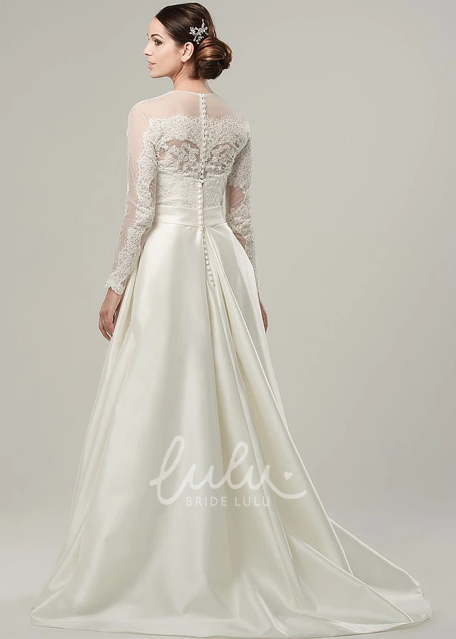 Illusion High Neck A-Line Satin Wedding Dress with Long Sleeves