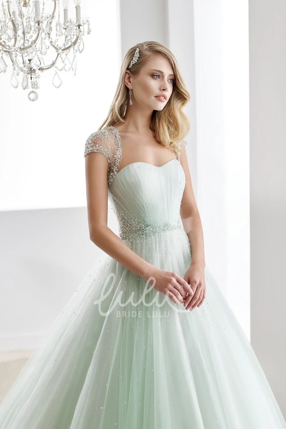 A-Line Bridal Gown with Pleated Bodice Beaded & Illusive Design