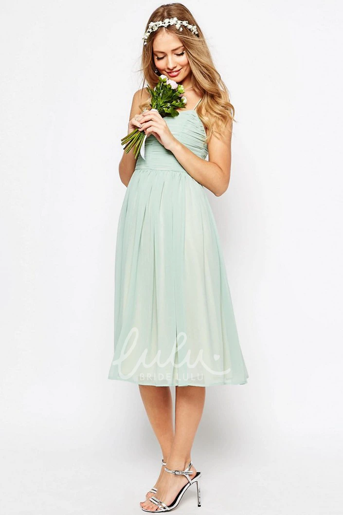 A-Line Tea-Length Ruched Chiffon Bridesmaid Dress with Spaghetti Straps