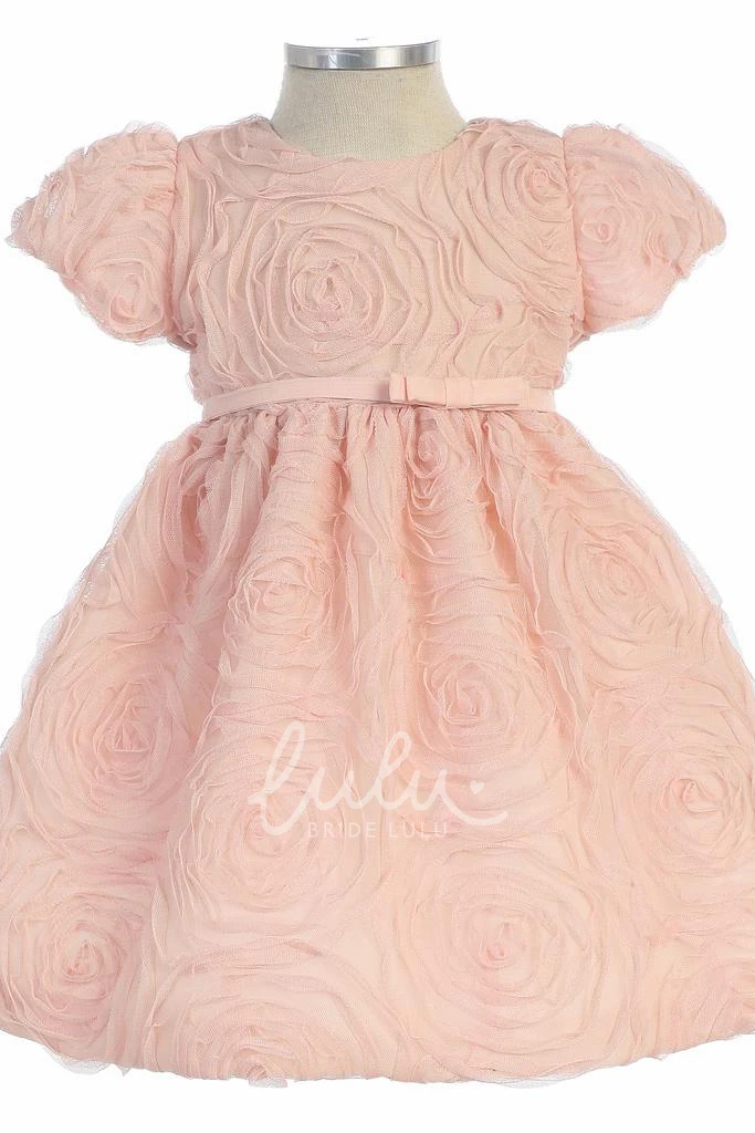 Embroidered Cap-Sleeve Tea-Length Flower Girl Dress with Bow Accent