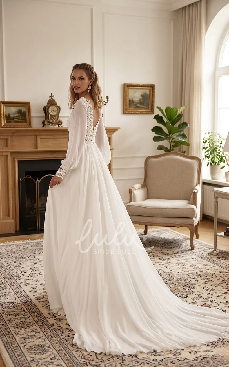 A-Line Long Sleeve Lace Wedding Dress V-Neck Chiffon Vintage Bridal Gown