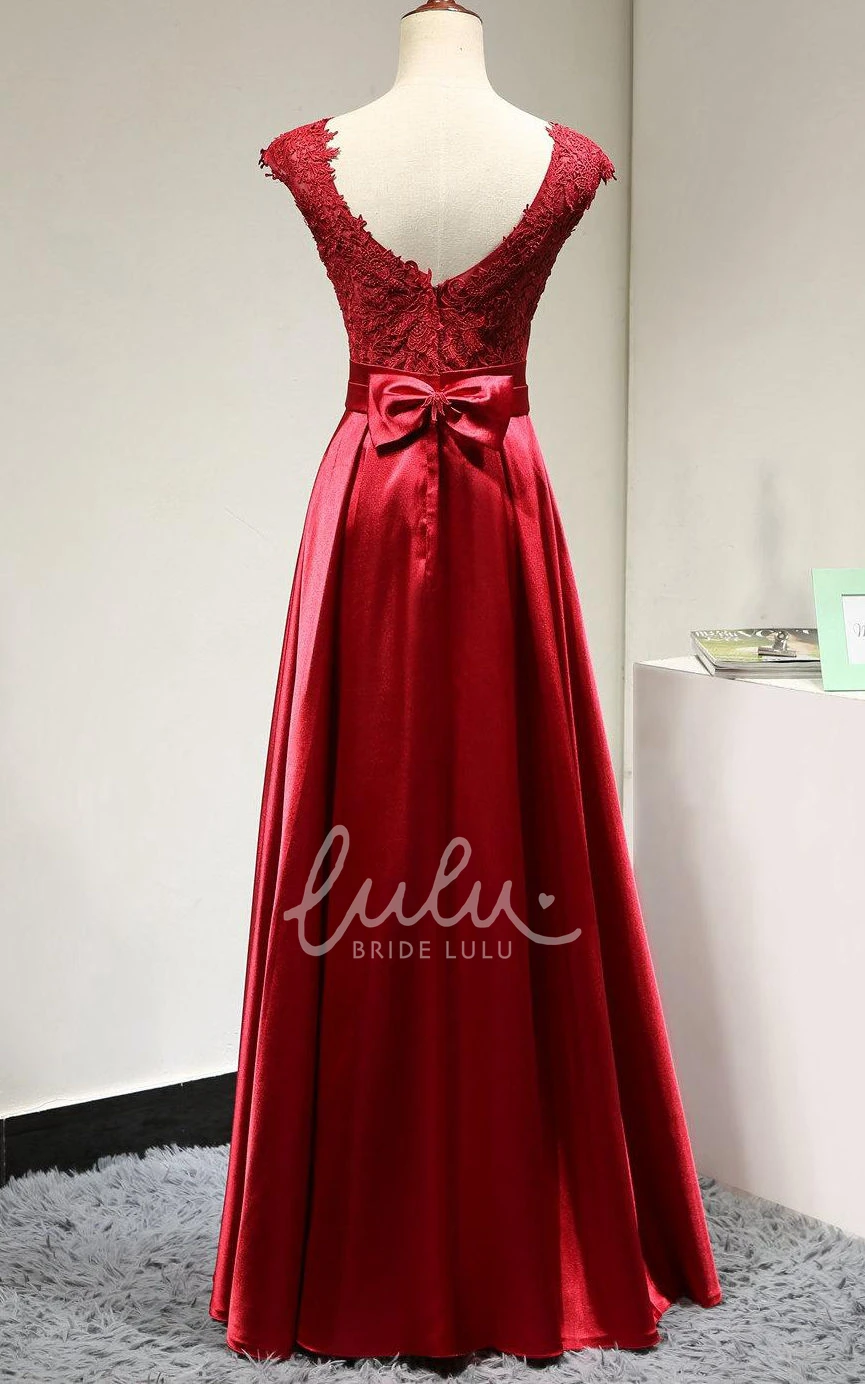 Satin Dress with Lace Cap Sleeves Beaded Belt and Elegant Style