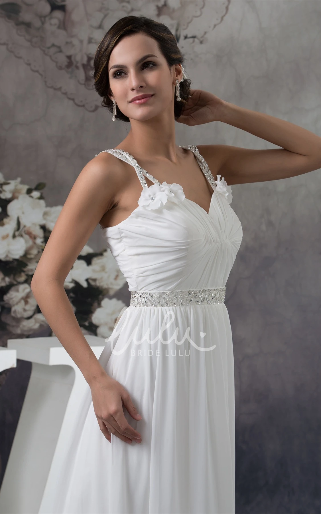 Crystal Detailing Chiffon Wedding Gown Sleeveless Floor-Length Straps Modern