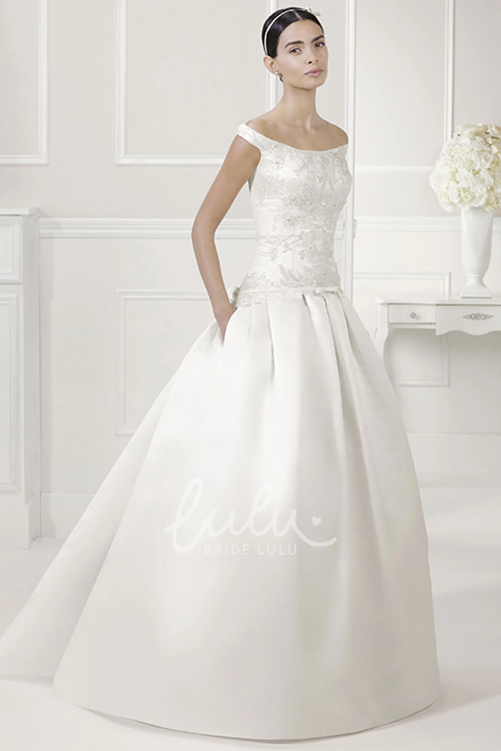 Off Shoulder Satin Bridal Ball Gown with Bow Sash Drop Waist Elegant Wedding Dress