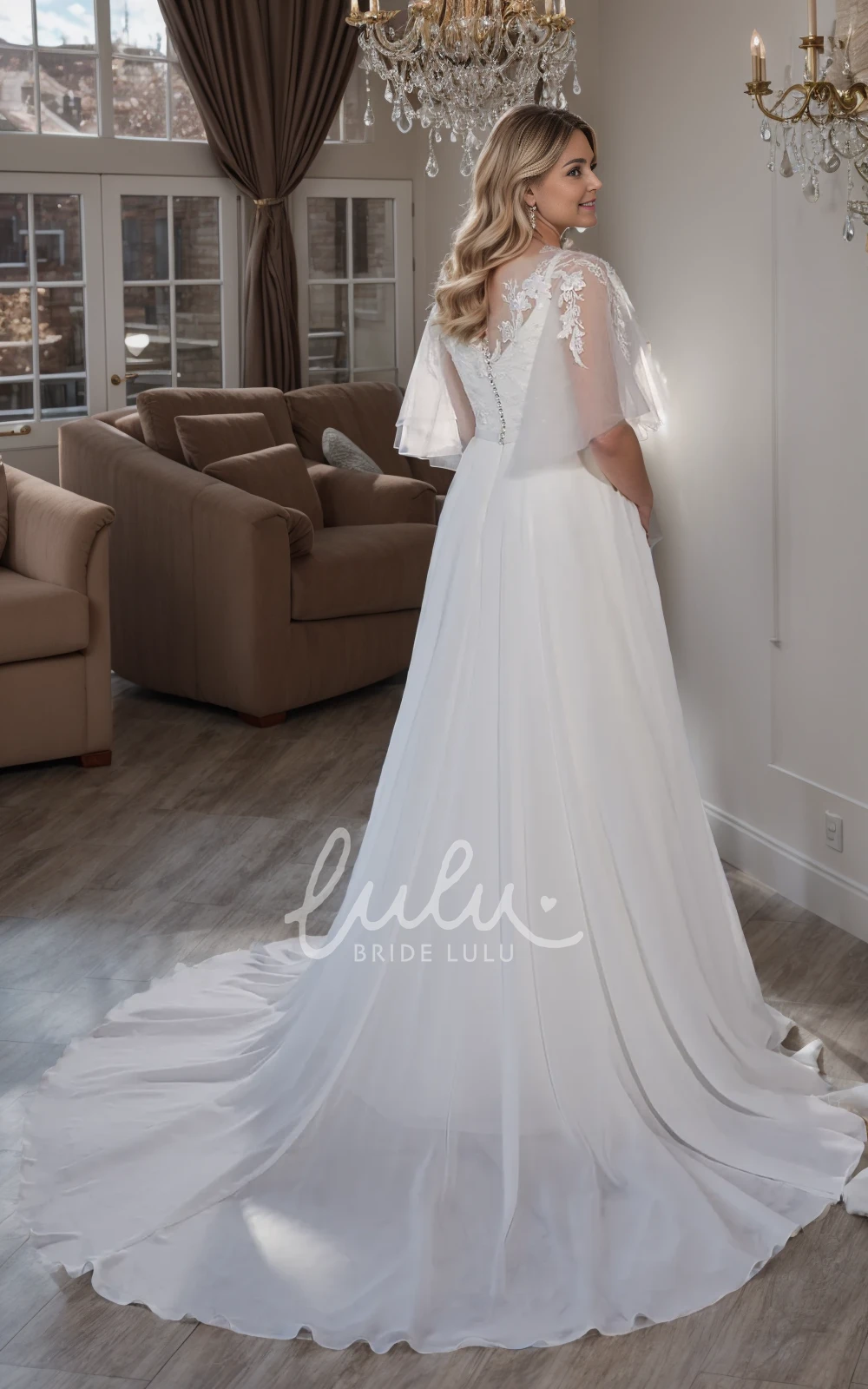 Flowy Elegant Plus Size A-Line Lace Tulle V-Neck Winter Wedding Dress Modest Vintage Short Bell Sleeve Chiffon Court Train Bridal Gown
