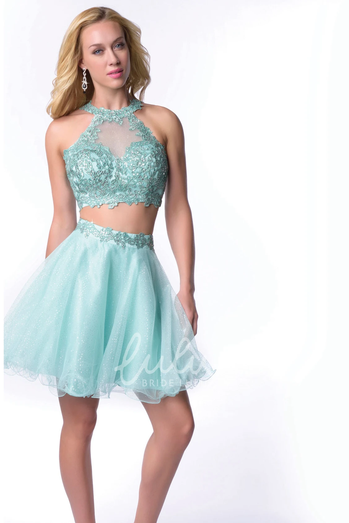 Lace Bodice Tulle Skirt Homecoming Dress with High Neck Two-Piece Elegant 2025