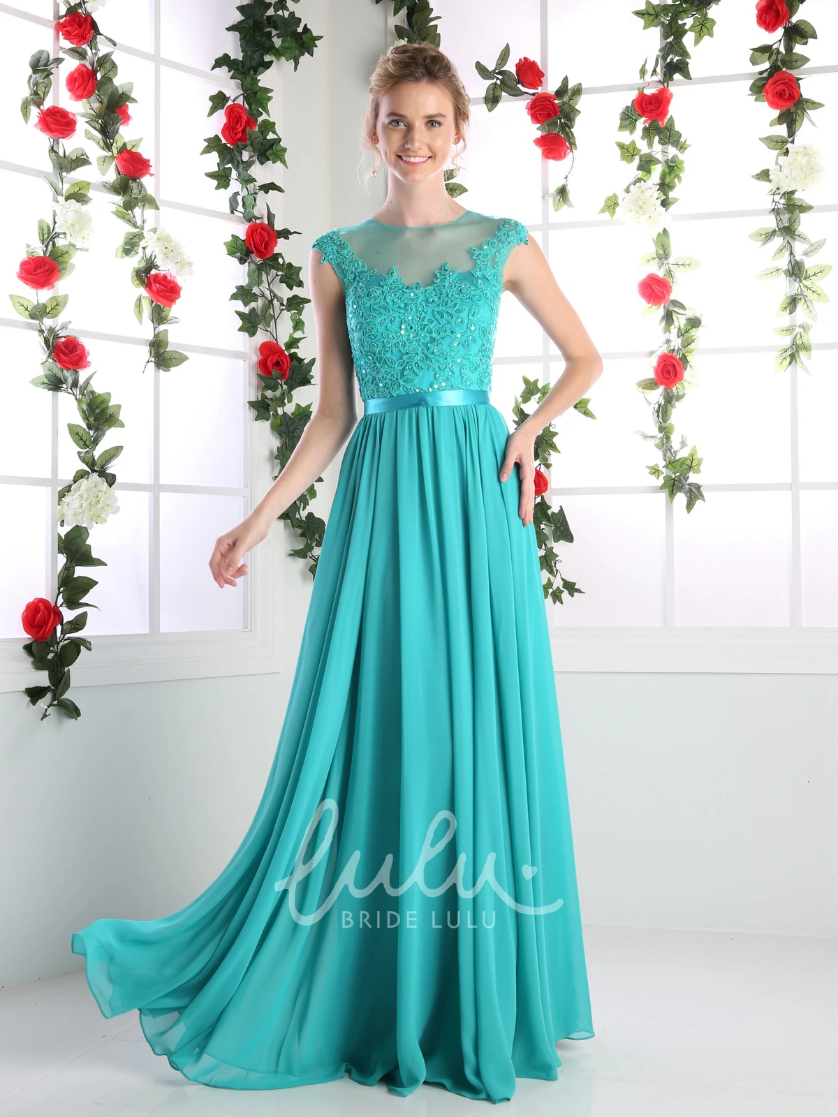 Cap-Sleeve Chiffon A-Line Formal Dress with Lace and Pleats
