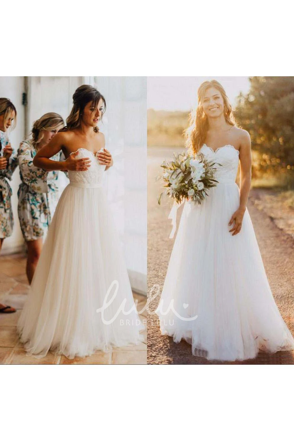 Sweetheart Lace Tulle Open Back Wedding Dress Bohemian A Line Style