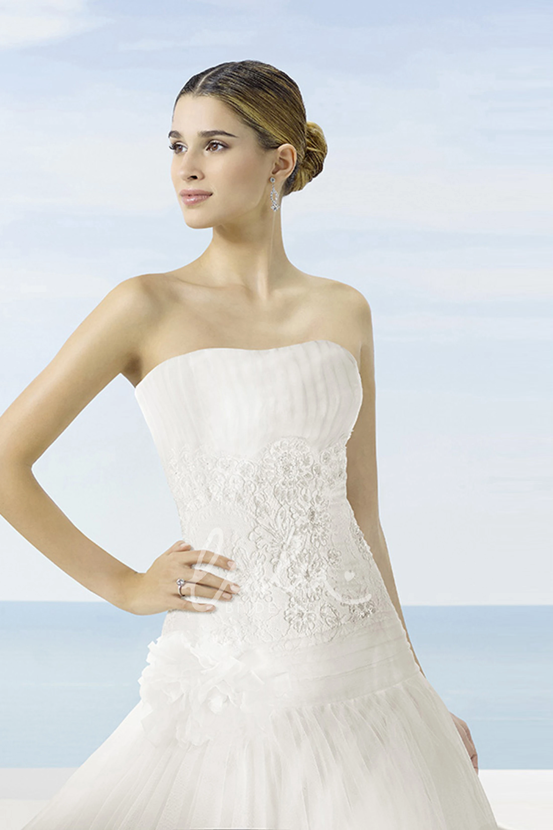 Floral Tulle A-Line Wedding Dress with Appliques and Pleats Sleeveless Floor-Length
