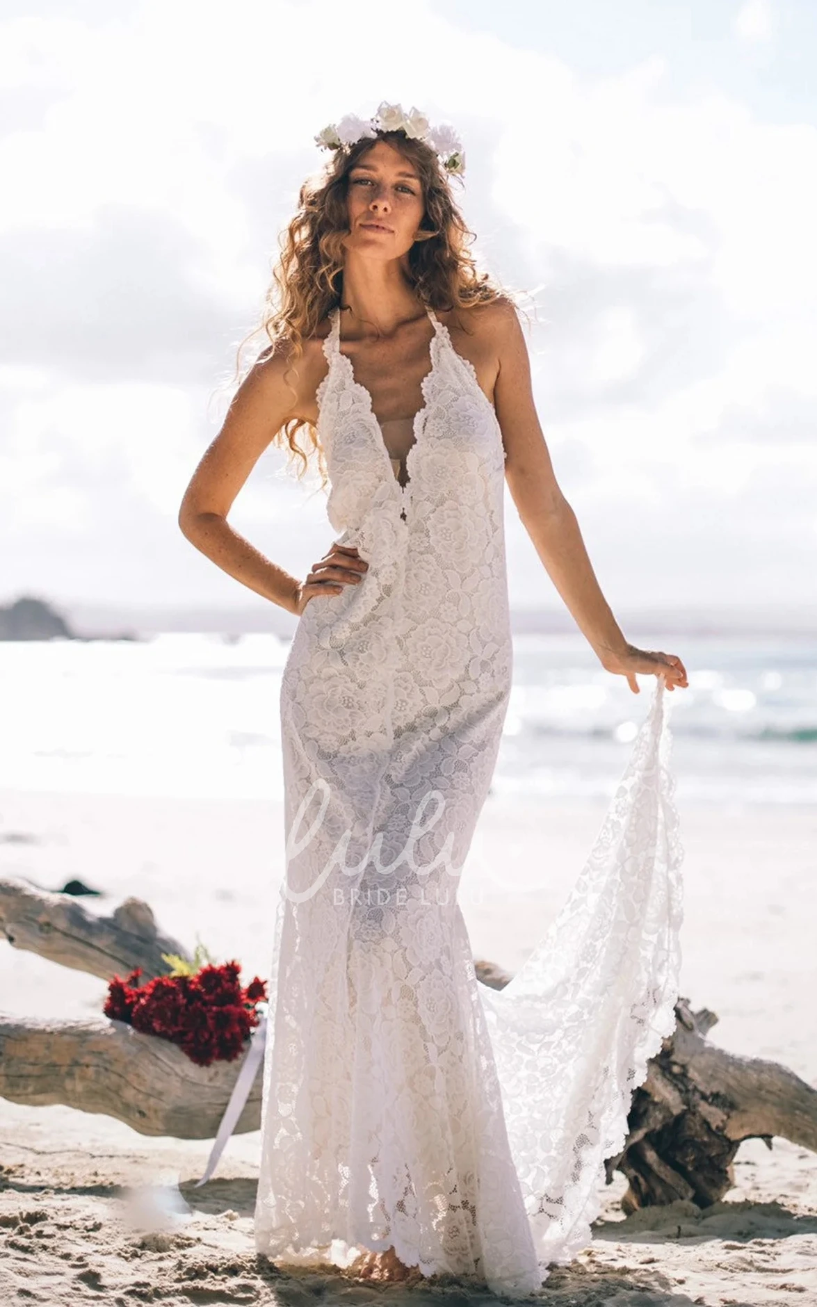 Elopement Beach Mermaid Boho Wedding Dress Fall Autumn Floral Lace Halter Plunging Low Back Court Train Bridal Gown