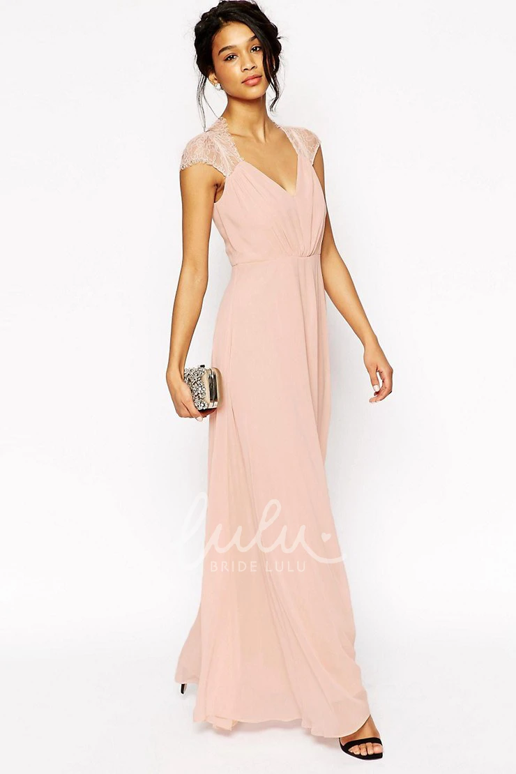 V-Neck Cap Sleeve Ruched Chiffon Bridesmaid Dress Sheath Floor-Length