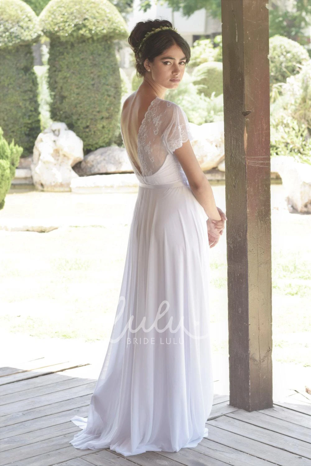 Deep-V Back Lace Chiffon Wedding Dress with Short Sleeves