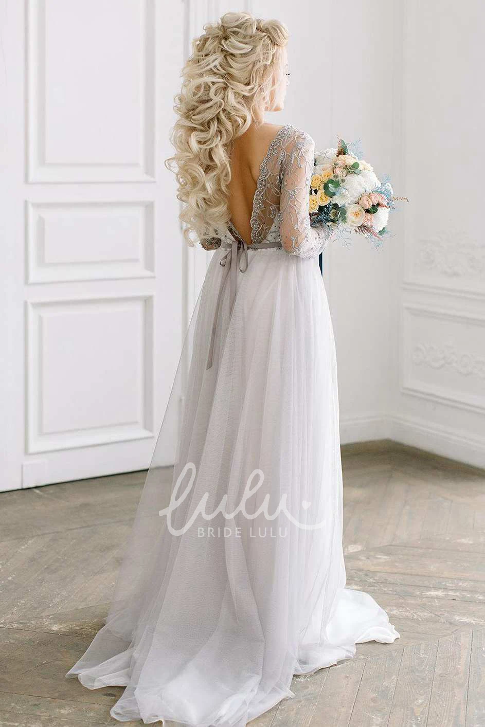 Beaded Tulle Satin Wedding Dress with Lace Embroidery