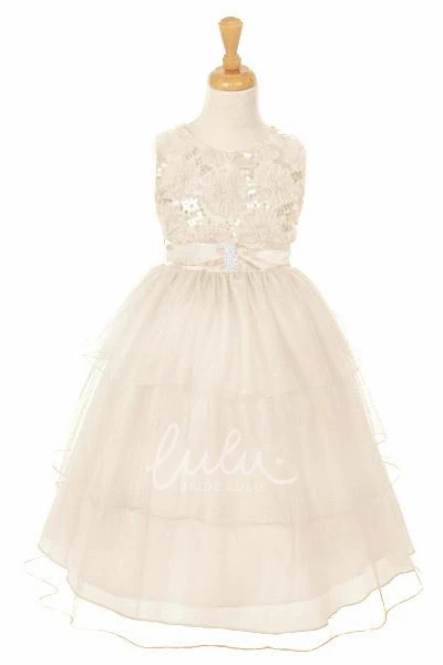 Sequin & Satin Tea-Length Flower Girl Dress with Split-Front Spring Wedding Dress