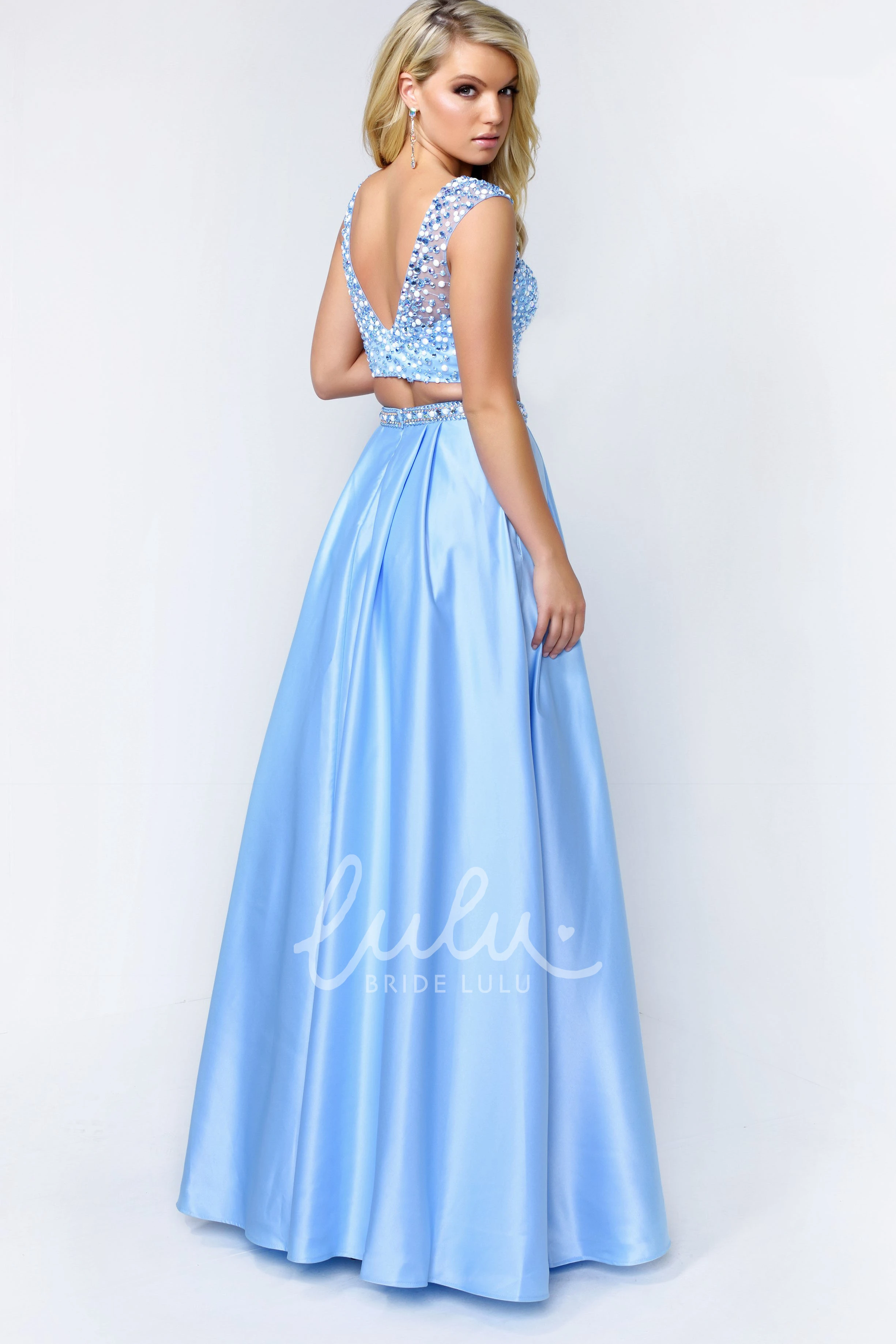 Sequin A-Line Satin Dress with Low-V Back and Sleeveless Design