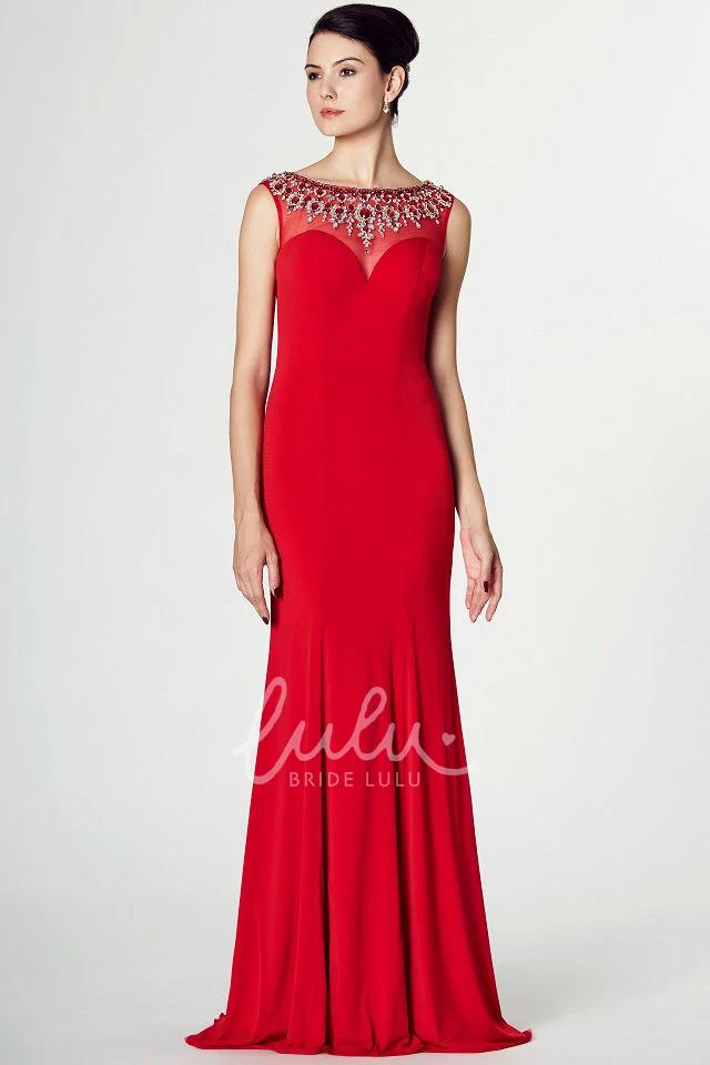 Jersey Prom Dress with Brush Train and Beaded Bateau Neckline