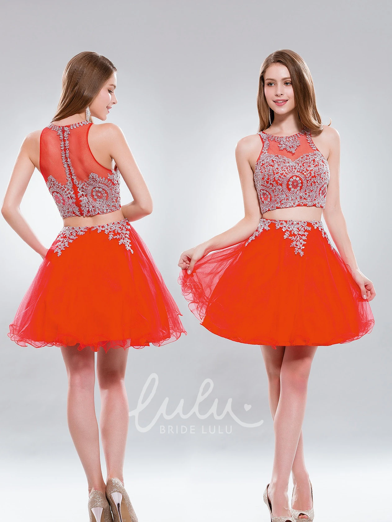 Two-Piece Tulle A-Line Bridesmaid Dress with Illusion Beading and Ruffles